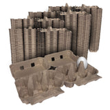 Stack of brown cardboard egg crates with a single white egg on a white background