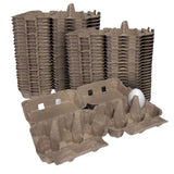 Stacks of brown cardboard egg crates with a single white egg on a white background