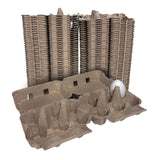 Stacks of brown cardboard egg cartons with a single white egg on a white background