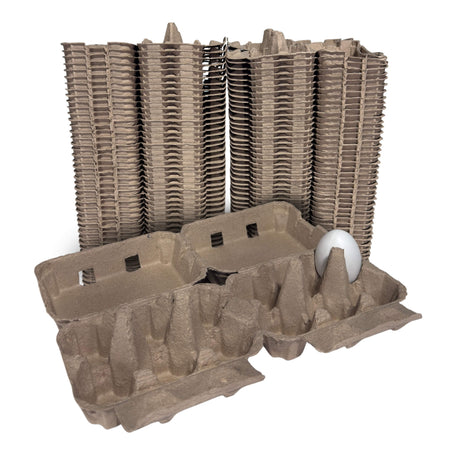 Stacks of brown cardboard egg cartons with a single white egg on a white background