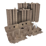 Stacks of brown egg cartons with a single white egg on a white background