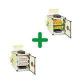 120 Egg Hatchery Incubator Kit picture showing two CT60SH units. Doors are open on both units that have a Digital Control panel and Humisonic humidifiers included. Top right of image has automatic turning trays filled with brown chicken eggs. Bottom left of image shows incubator with full hatching baskets. Green plus sign shows that kit includes both items.