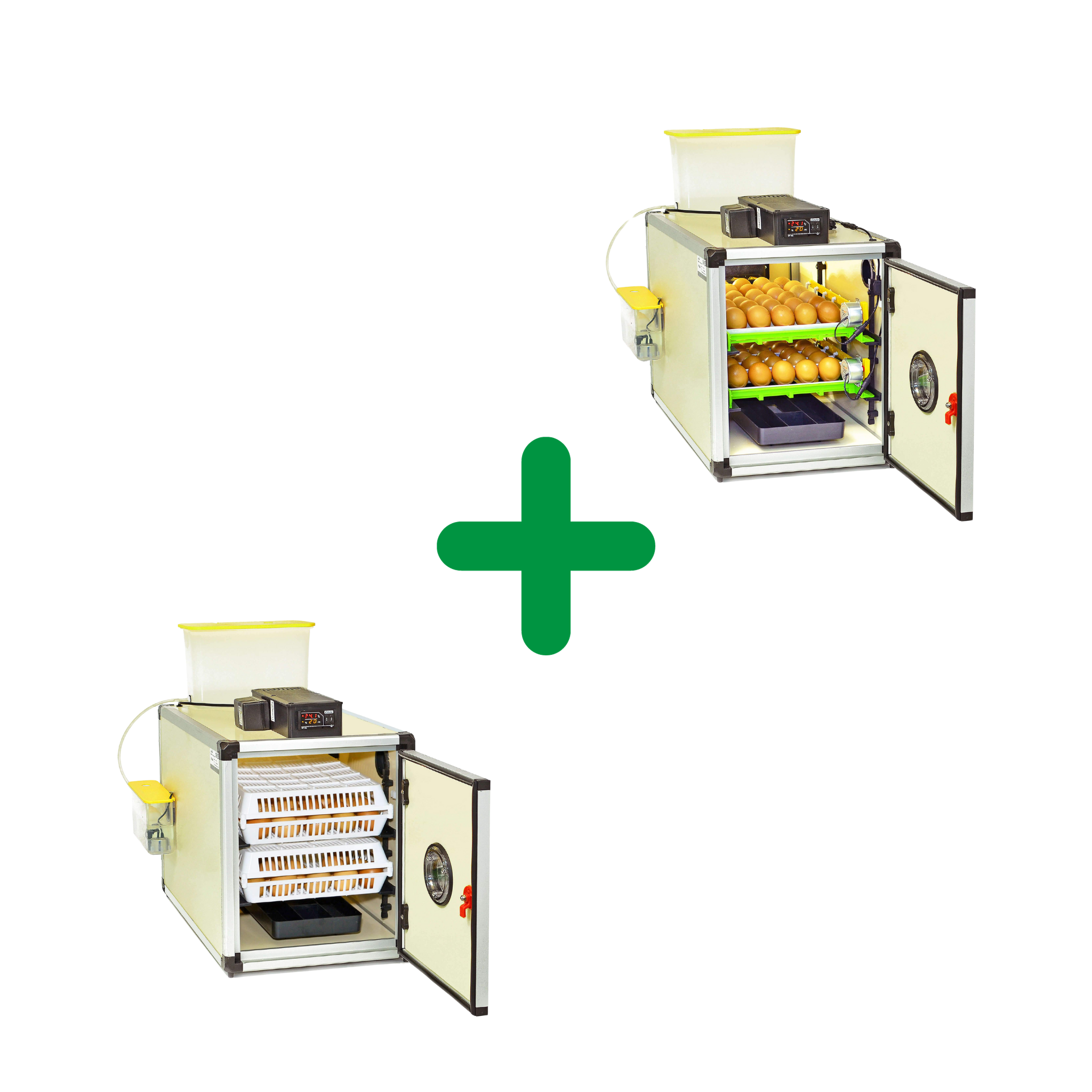120 Egg Hatchery Incubator Kit picture showing two CT60SH units. Doors are open on both units that have a Digital Control panel and Humisonic humidifiers included. Top right of image has automatic turning trays filled with brown chicken eggs. Bottom left of image shows incubator with full hatching baskets. Green plus sign shows that kit includes both items.