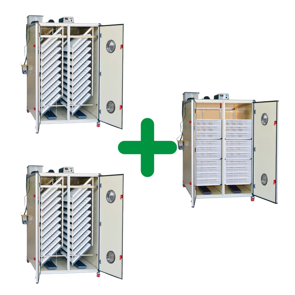 12800 Eggs Incubator Kit picture showing a T3200H and two T4800S units. all with open doors. The Setters show racks full of egg trays for incubating. The Hatcher shows racks full of hatching baskets. All incubators have digital control panels showing, water tanks on top connected to a Humisonic Humidifier mounted on the side of the machines.