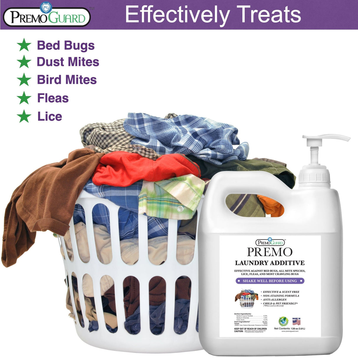 Hatching Time Premo. Laundry additive can be seen in front of a laundry basket. Kills Bed bugs, dust mites, bird mites, fleas, lice.