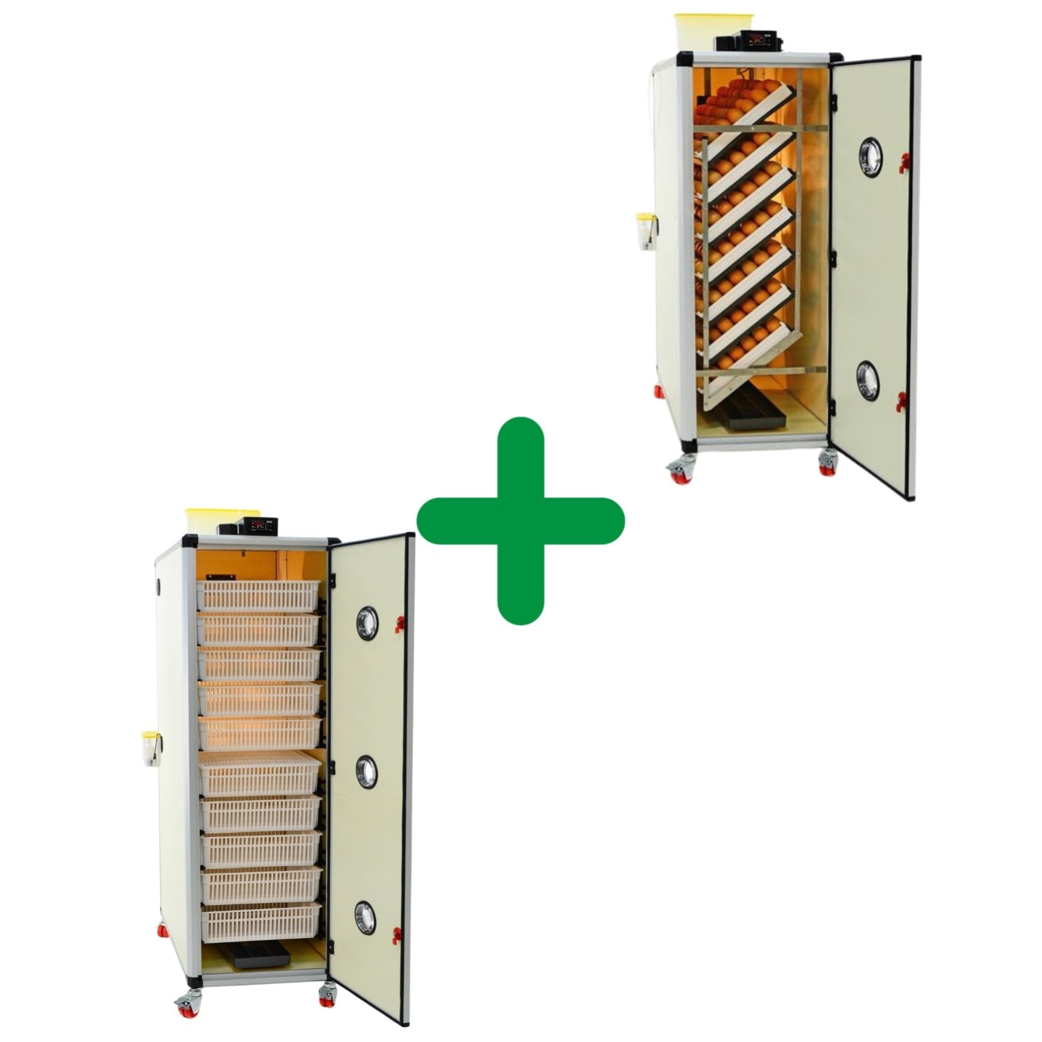 Hatching Time Cimuka 1400 Eggs Incubator Kit Main Picture showing HB700S and HB700H units. Both rolling automatic incubators shown with open doors. Both units show digital control panels. Top right of image shows incubator with full trays of chicken eggs, bottom of image shows incubator full of hatching baskets. Green plus shows that both incubators are included in bundle. Both incubators have Digital Controls and Humisonic Humidifiers.