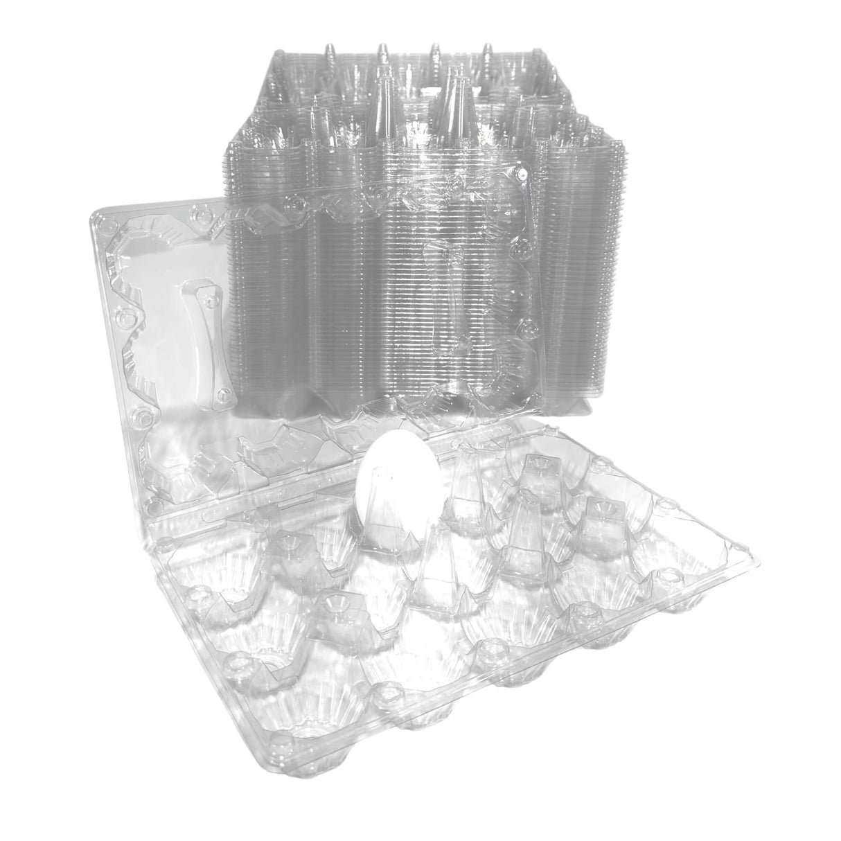 Clear plastic packaging with various items on a white background