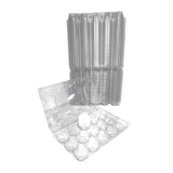 Clear plastic packaging including bags, boxes, and trays on a white background