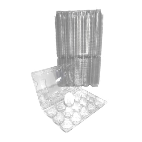 Clear plastic packaging including bags, boxes, and trays on a white background