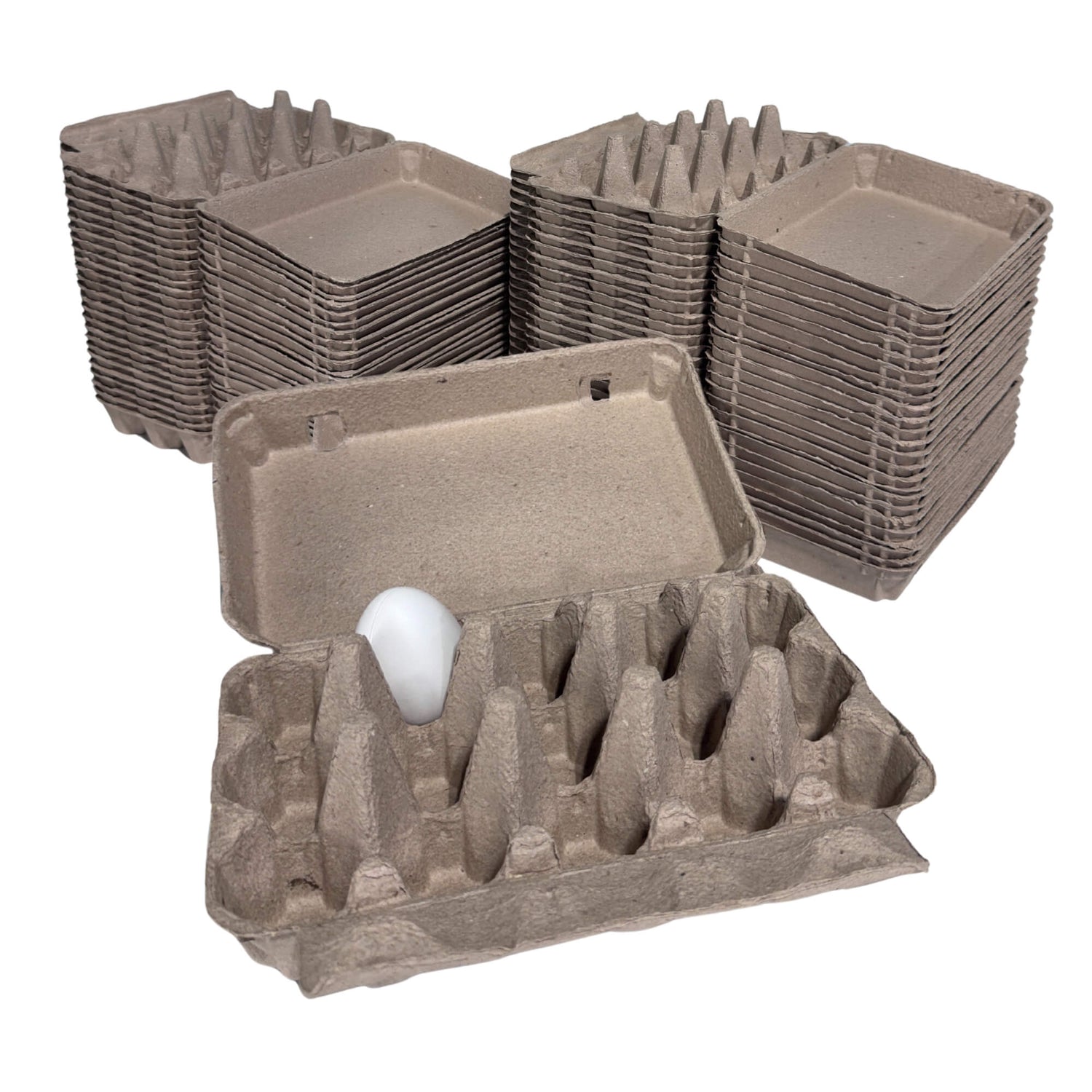 Stacks of cardboard egg cartons on a white background