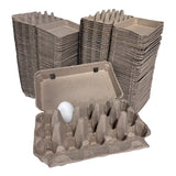 Stacks of cardboard egg trays with a single egg on a white background