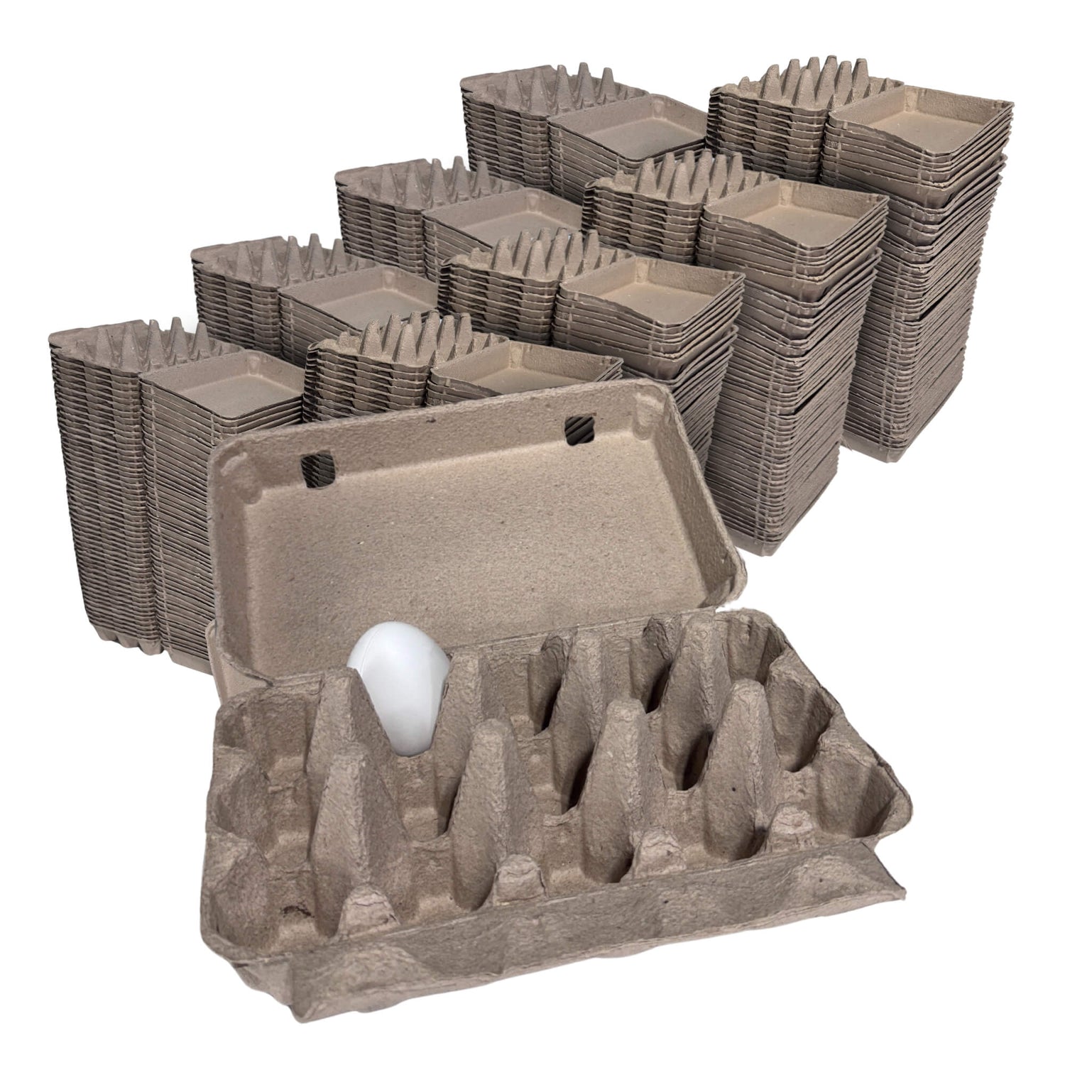 Stacks of cardboard egg trays with a single white egg on a white background