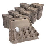 Stacks of cardboard egg trays with a single white egg on a white background