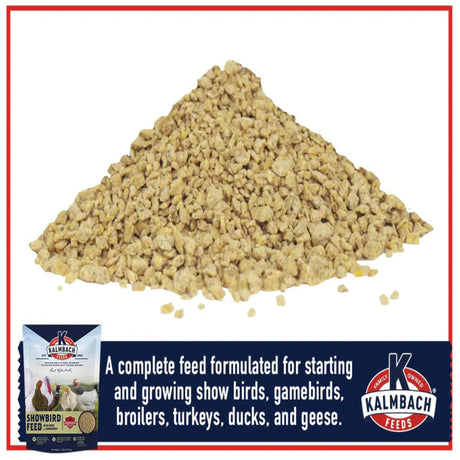 Hatching Time Kalmbach Feeds. Showbird Feed 5 lb bag front can be seen in image. A pile of showbird feed can be seen in image.