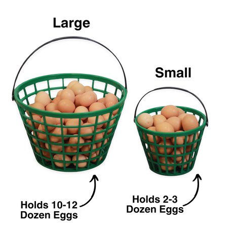 Hatching Time EZ gather egg basket large and small sizes shown filled with eggs.