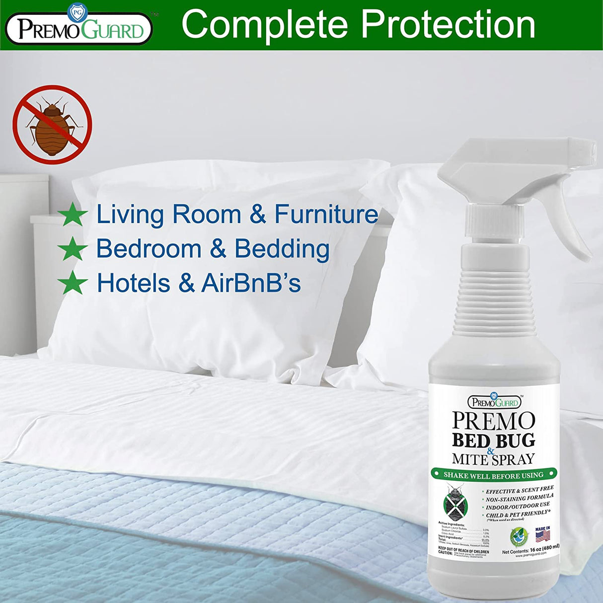 Hatching Time Premo. Bed bug & Mite spray shown in front of bed. Graphic shows it's great for living room and furniture, bedroom and hotels & AirBnB's.