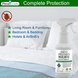 Hatching Time Premo. Bed bug & Mite spray shown in front of bed. Graphic shows it's great for living room and furniture, bedroom and hotels & AirBnB's.