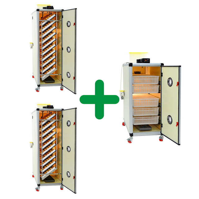 Two HB700S and one HB350H cabinet incubator units for the 1750 Eggs Incubator Kit. All units have the doors open to show the interior. HB700's show full racks of egg trays with brown eggs. HB350 shows hatching baskets inside on all racks. All machines have digital controls and water tanks on top of the units. Humisonic Humidifier can be seen on side of the units for humidity control.