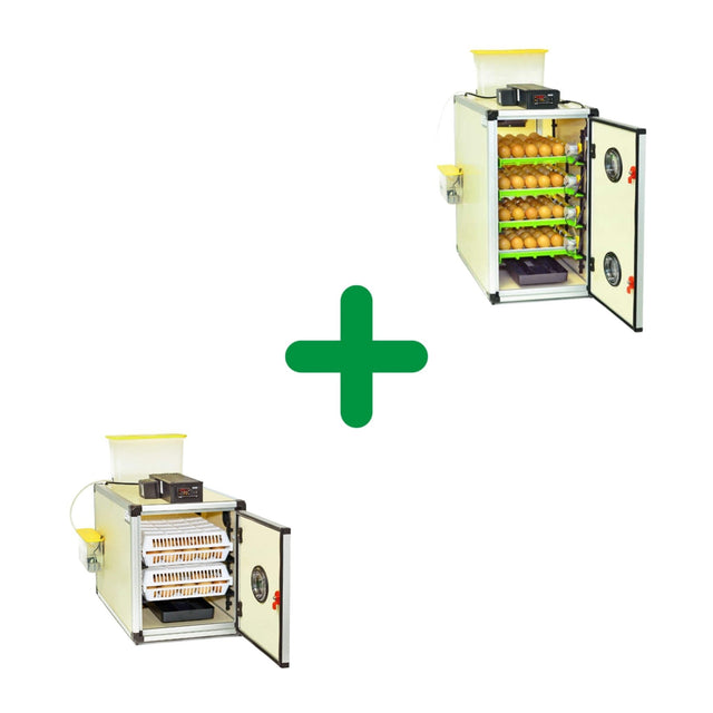 Hatching Time Cimuka 180 Egg Hatchery Incubator Kit picture showing one CT60SH and one CT120 unit.  Both automatic incubators shown with open doors. Both units show digital control panels. Top right of image shows incubator with full trays of chicken eggs, bottom of image shows incubator full of hatching baskets. Green plus shows that both incubators are included in bundle. Both incubators have Digital Controls and Humisonic Humidifiers.