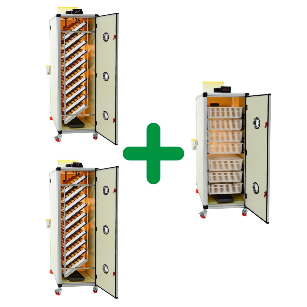 Hatching Time Cimuka. HB700S and one HB500H cabinet incubator units for the 1900 Eggs Incubator Kit. All units have doors open to showcase the interior. Setting units have trays full of brown eggs totaling 1400 eggs. The Hatcher has hatching baskets showing inside on the rack holding up to 500 eggs. All machines have digital controls and water tank on top and a connected Humisonic Humidifier on the side of the machines.