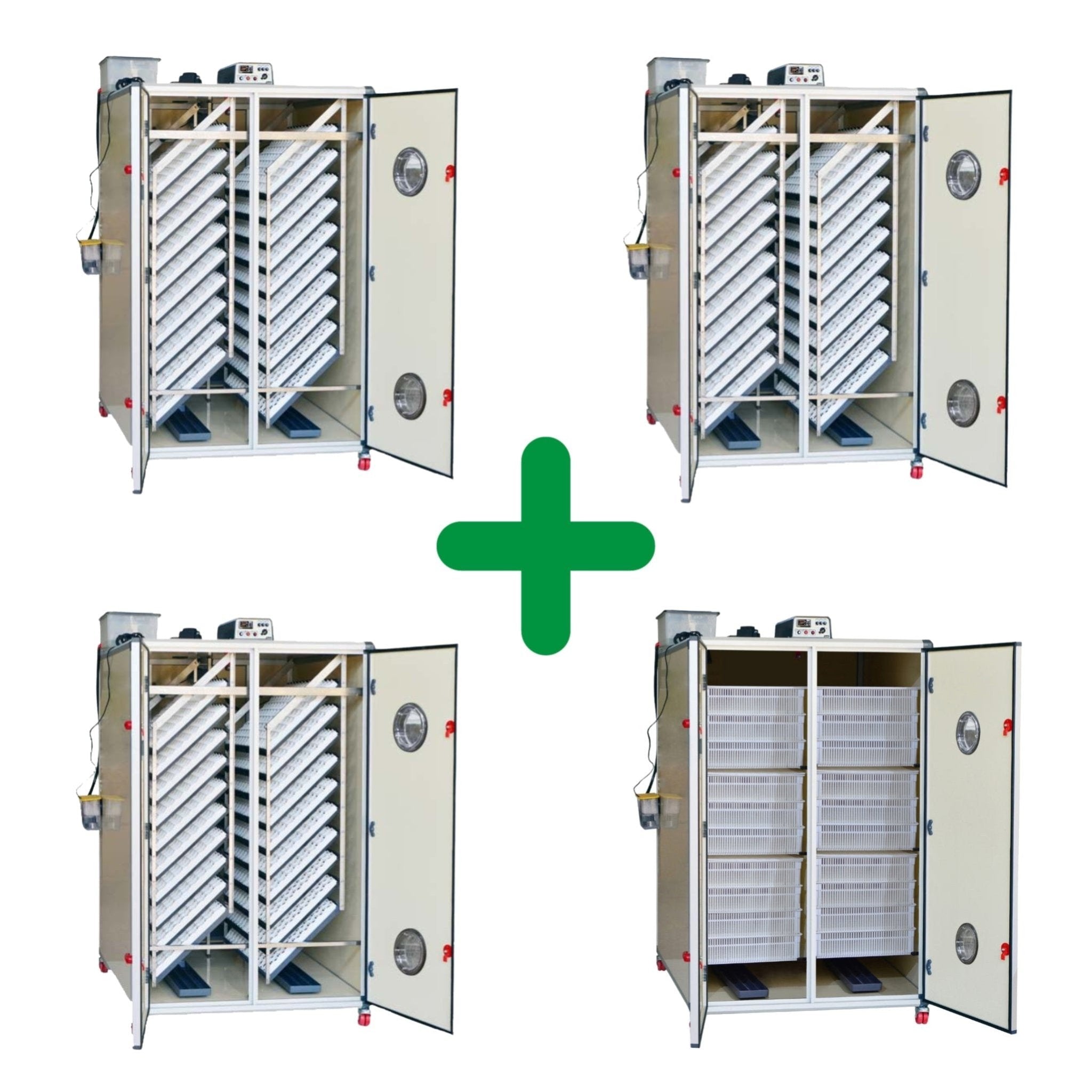 19200 Eggs Incubator Kit picture showing a T4800H and three T4800S units.  All units have doors open to show the interior. 3 Setting units are all filled with setting trays to show capacity of eggs. Hatcher shows racks full of hatching baskets. All units have digital controls and water tanks on top of units connected to Humisonic Humidifier.