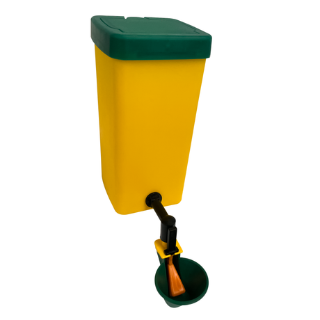 Front angled view 1L Poultry Drinker with Auto-Fill Cup – automatic chicken waterer for small poultry, mess-free, hygienic design.
