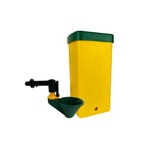 1L poultry drinker with yellow container, green lid, and attached auto-fill water cup – angled side view.