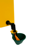 Close-up of 1L poultry drinker auto-fill cup with float valve attached to yellow water container.