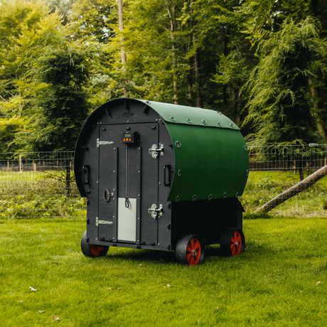 Hatching Time Nestera. The Wagon chicken coop can be seen on grass with doors closed. The Wagon has a rounded roof to prevent roosting.