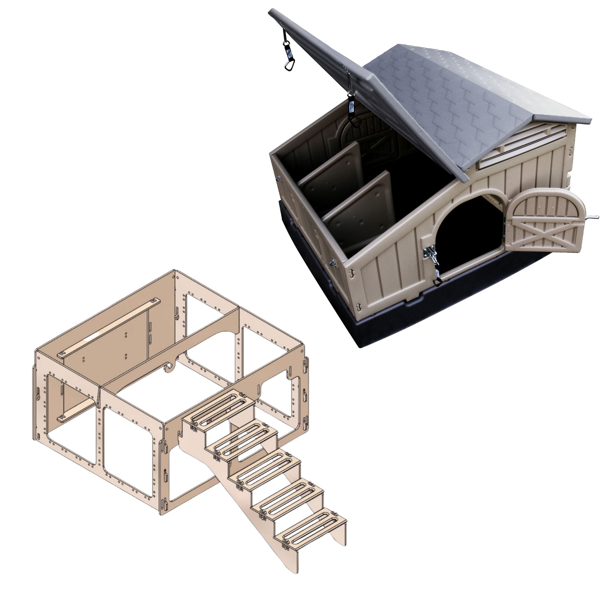 Hatching Time. Chicken coop with Stand and Stairs. Image shows standard chicken coop with roof open and front door open. 