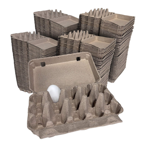 Stacks of brown egg cartons with a single white egg on a white background