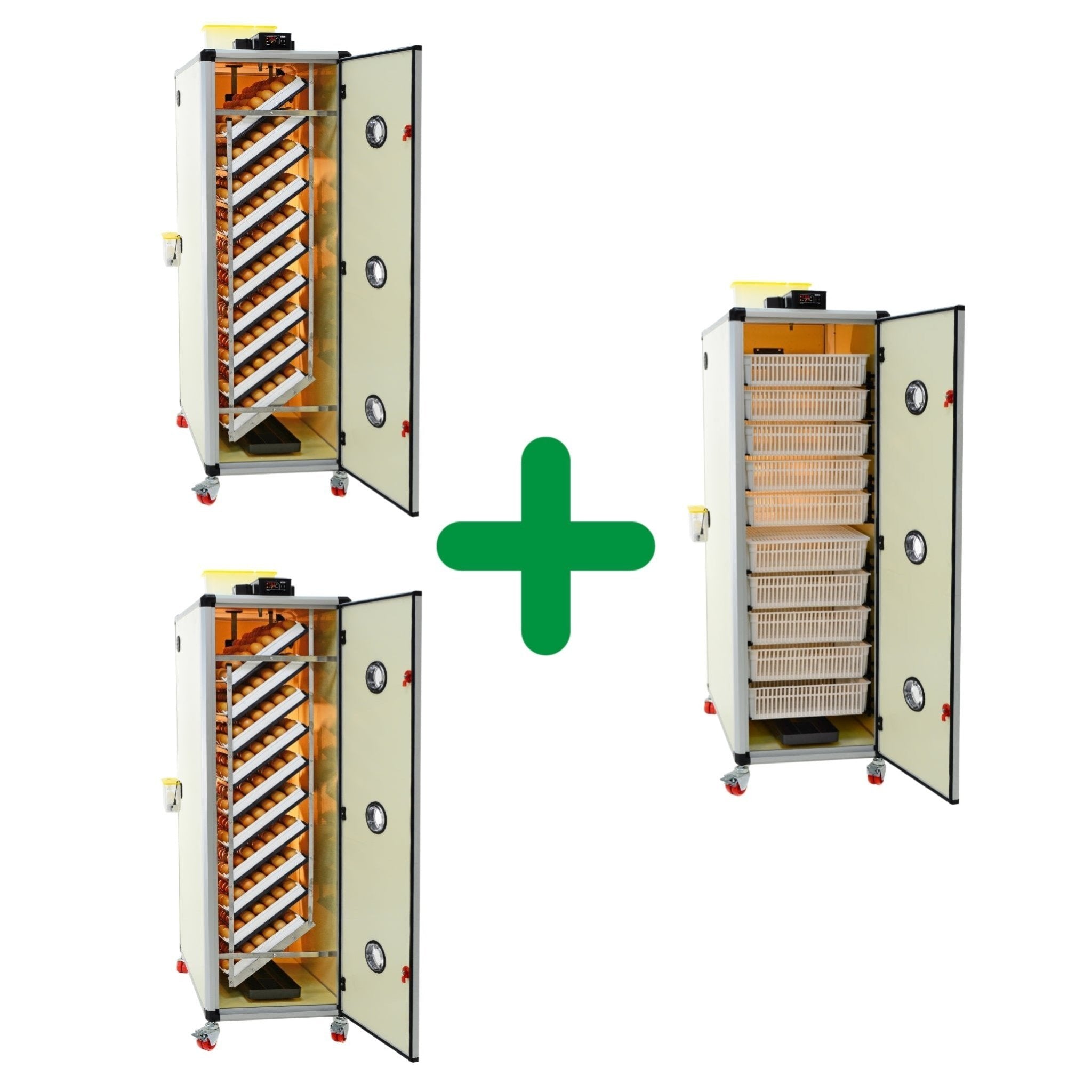 Hatching Time Cimuka. Two HB700S and one HB700H cabinet incubator units for the 2100 Eggs Incubator Kit. All incubators show doors being open to show interior. Setter incubators show full setting trays with brown eggs. Hatching baskets inside of hatcher show up to 700 egg capacity. All units have digital controls on top with water tanks. Humisonic Humidifier connected on side of incubator as well. 