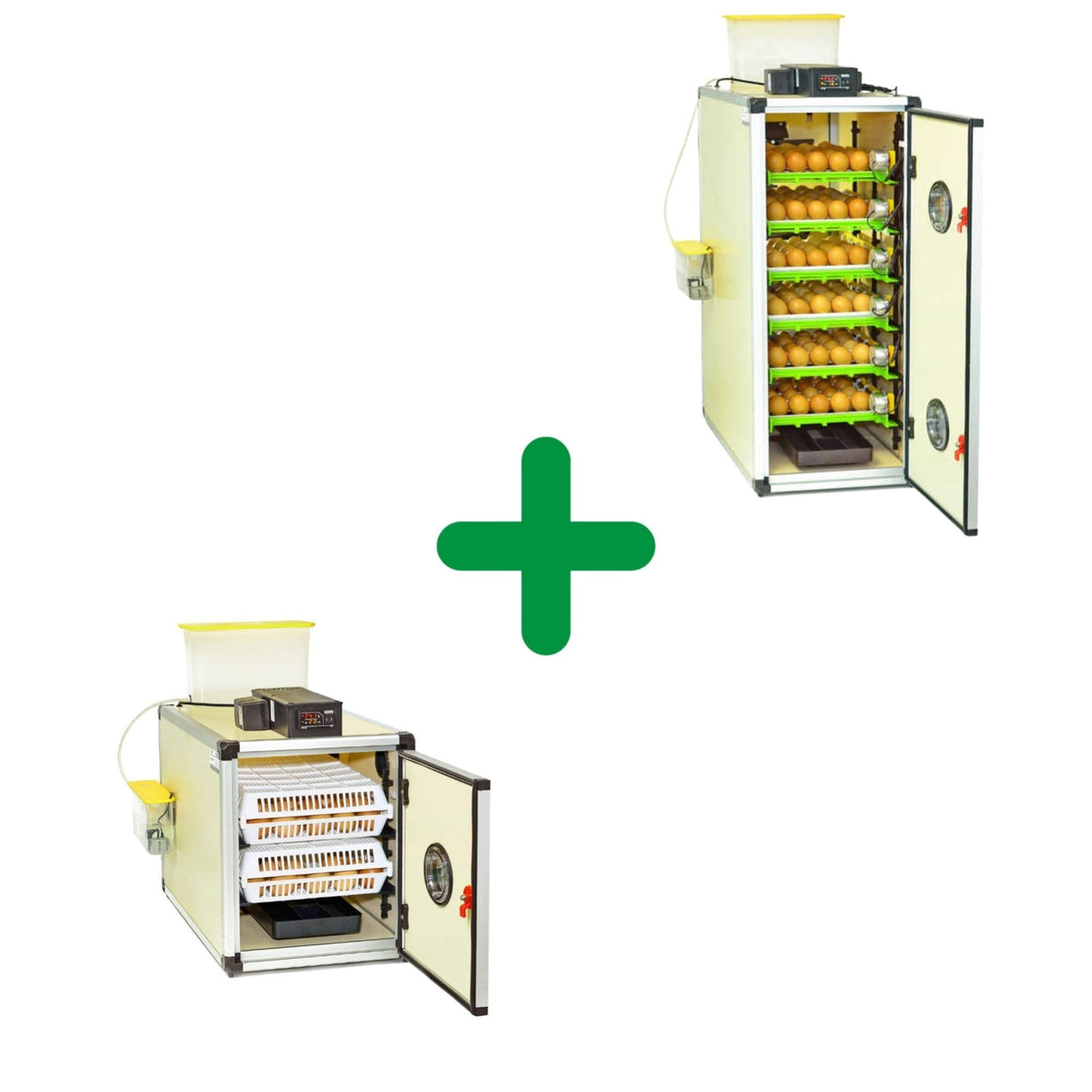 Hatching Time Cimuka 240 Egg Hatchery Incubator Kit picture showing one CT60SH and one CT180SH unit. Both automatic incubators shown with open doors. Both units show digital control panels. Top right of image shows incubator with full trays of chicken eggs, bottom of image shows incubator full of hatching baskets. Green plus shows that both incubators are included in bundle. Both incubators have Digital Controls and Humisonic Humidifiers.