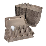 Stack of cardboard egg trays with a single tray open showing an egg inside on a white background