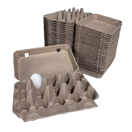 Stack of cardboard egg trays with a single tray open showing an egg inside on a white background