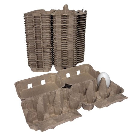 Stack of brown cardboard egg cartons with a single white egg on a white background