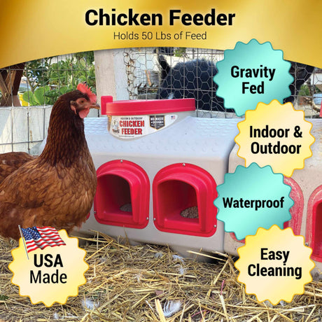 Hatching Time OverEZ 50 pounc chicken feeder infographic shows it's gravity fed, great for indoor and outdoor, waterproof, and easy to clean. Made in the USA.