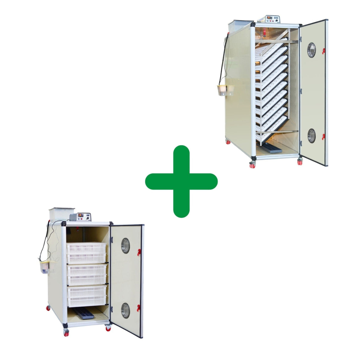 3500 Eggs Incubator Kit picture showing a T960H and a T2400S unit.  Units are shown with open doors showing the interior. Setting trays inside of T2400 show capacity. T1000 shows hatching baskets on racks. Digital controls on top as well as Water tanks connected to Humisonic Humidifier.