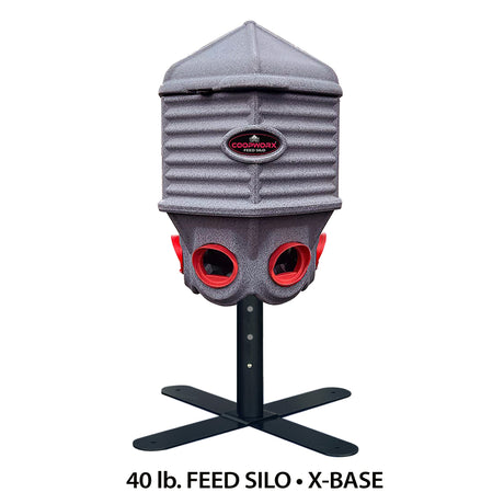 Hatching Time Coopworx 40 lb feeder silo can be seen in image with X base attached.