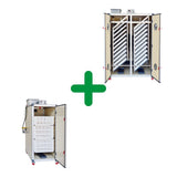4500 Eggs Incubator Kit picture showing a T1280H and a T3200S unit.  Setter and Hatcher shown with open doors to show inside of units. Inside of setter shows setting trays. Hatcher shows hatching baskets on racks. Digital Control panels shown on top of units as well as water tanks connected to Humisonic Humidifier.