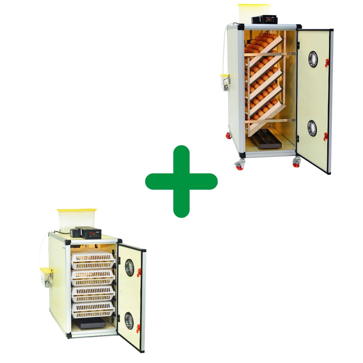 Hatching Time Cimuka HB350S and CT120SH Incubators. Setter shows setting trays full of brown eggs. Hatcher shows hatching baskets on racks. Digital controls and water tanks connected to Humisonic Humidifier on side of incubator.