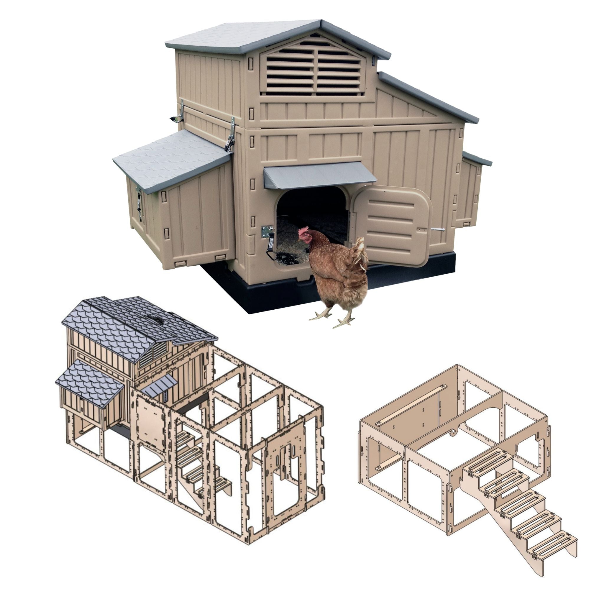 Hatching Time. Large Formex chicken coop with stand and stairs and run. Complete bundle. Chicken can be seen in front of chicken coop for scale.