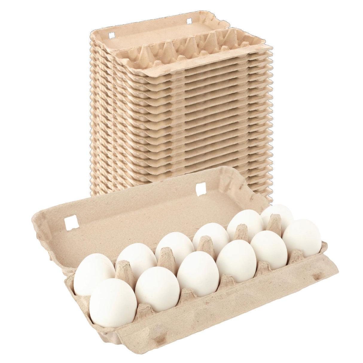 50-PACK Cardboard egg carton with eggs and wicker basket on a white background