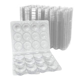 Clear plastic egg cartons with multiple compartments on a white background