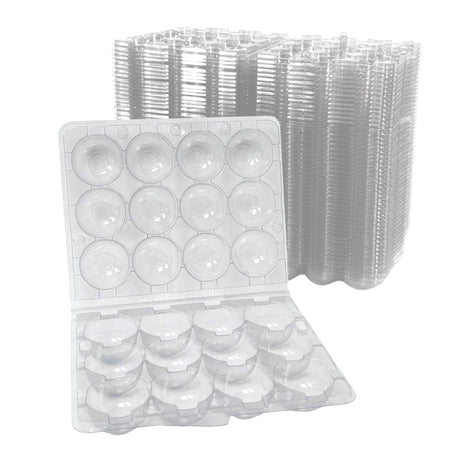 Clear plastic egg cartons with multiple compartments on a white background