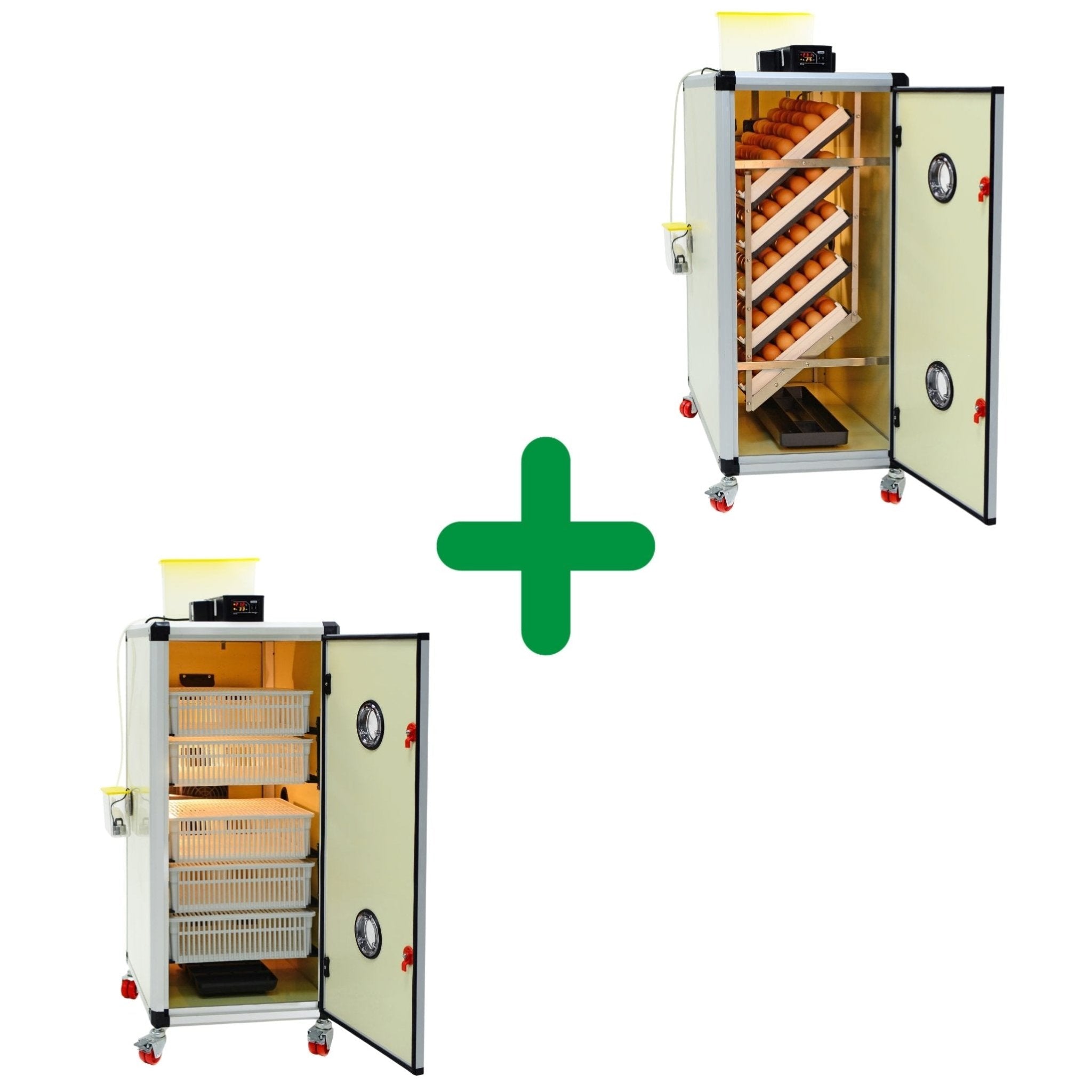 525 Eggs Incubator Kit picture showing a HB175H and a HB350S unit.  Units with doors open to show interior. Setter showing setting trays full of brown chicken eggs. Hatcher showing hatching baskets on racks. Digital control on top of units along with Water tanks and Humisonic Humidifiers on the side of units.