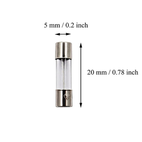 Hatching Time Cimuka. Slow blow fuse with measurements shown. 5 millimeters by 20 millimeters long.