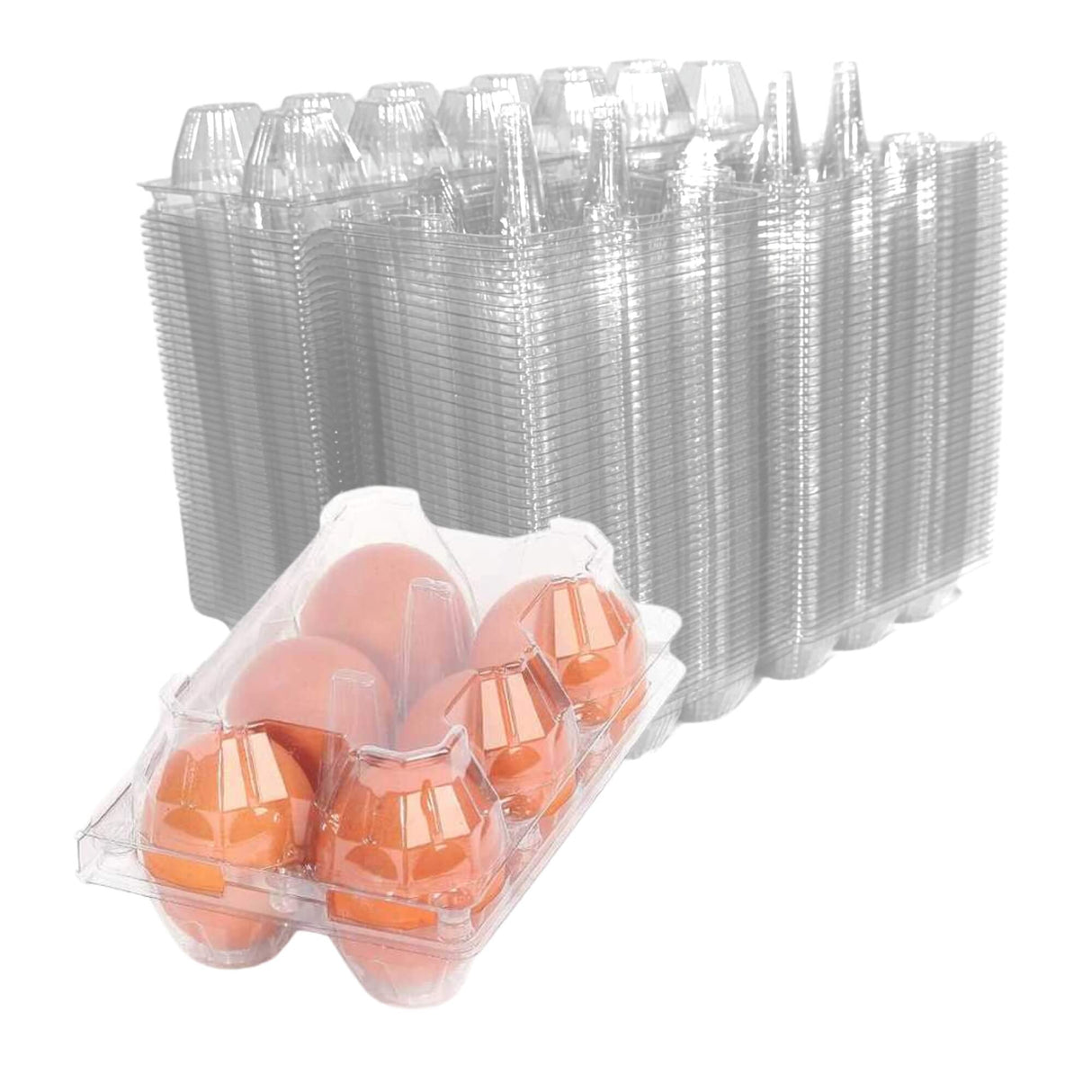 Clear plastic egg trays with a carton of eggs on a white background