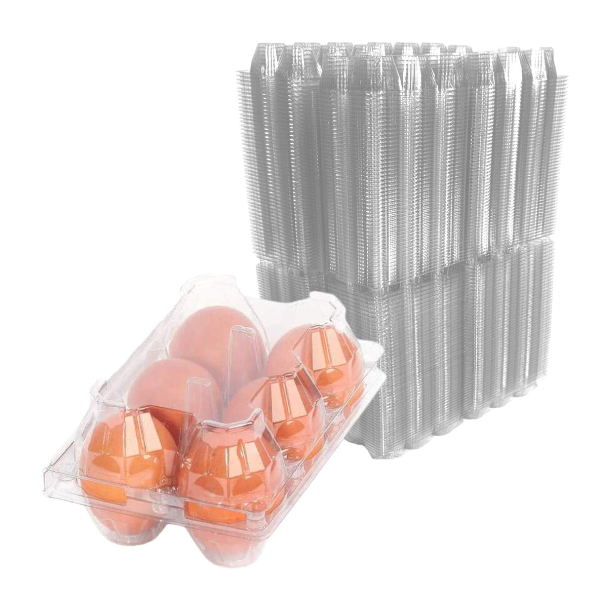 Carton of eggs with a stack of clear plastic egg trays on a white background