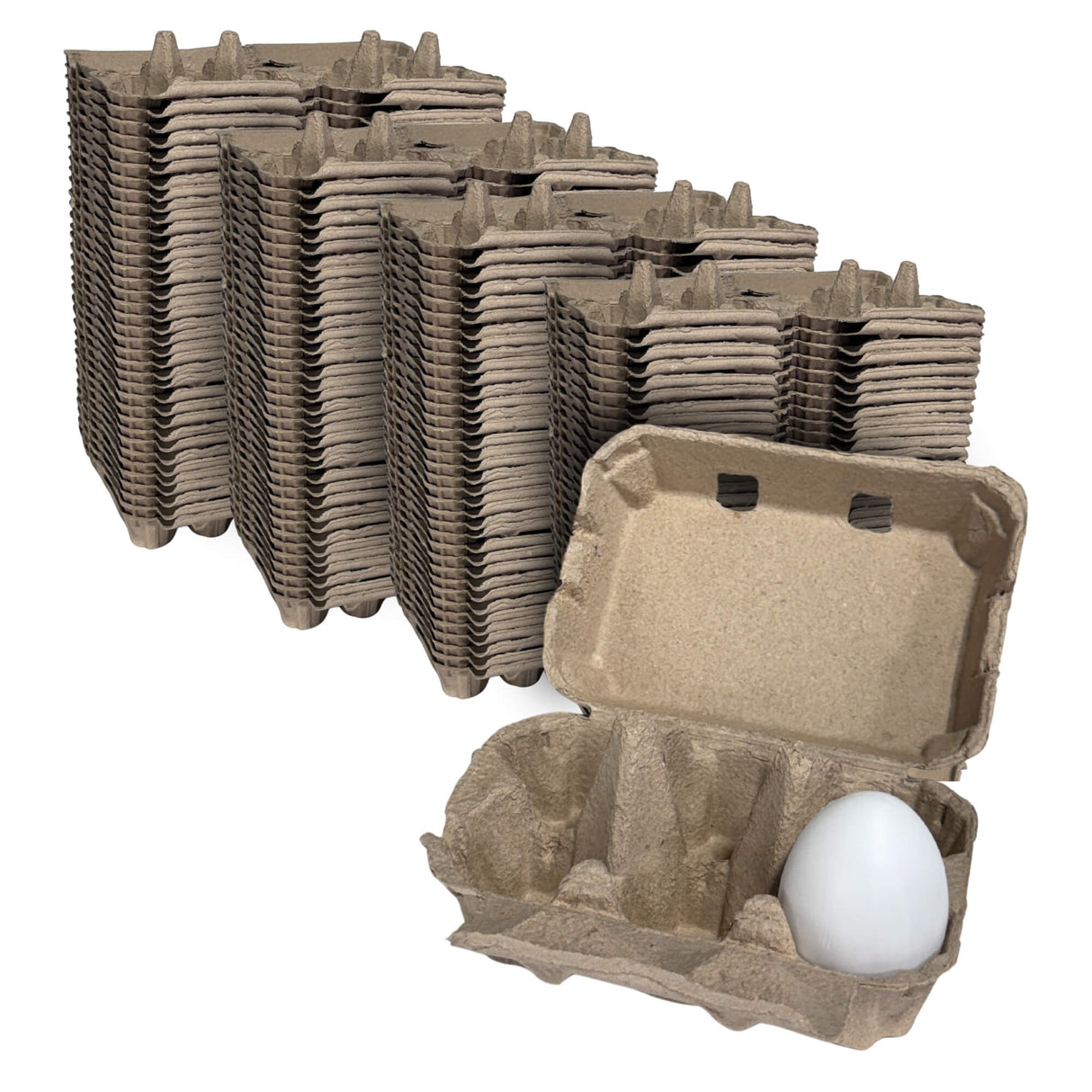 Stacks of cardboard egg cartons with a single carton open showing an egg on a white background.